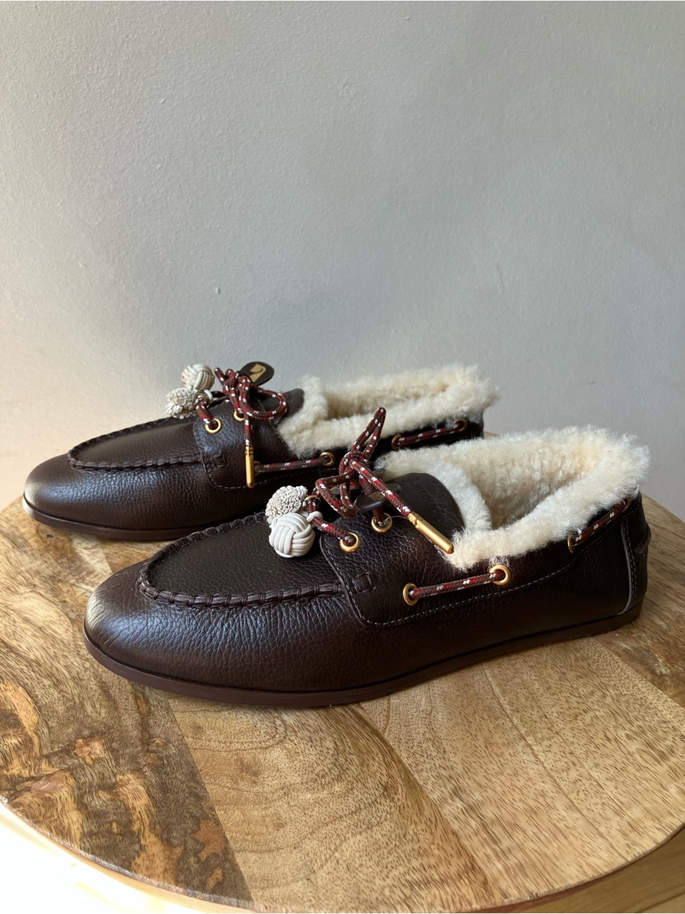 Larroude | Cyprus Boat Shoe In Brown Leather and Natural Shearling - Picture 7 of 10
